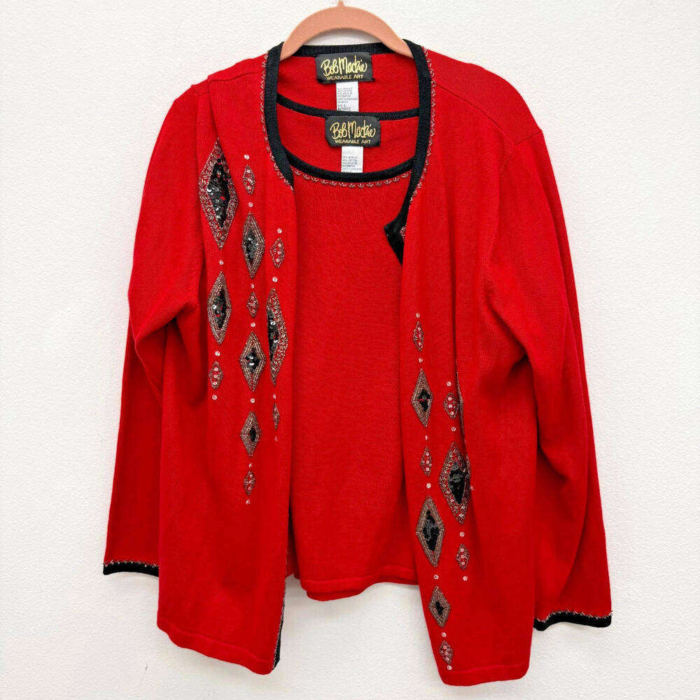 Bob Mackie Wearable Art Large Cardigan Sweater Tank Top Beads Sequins Ornaments